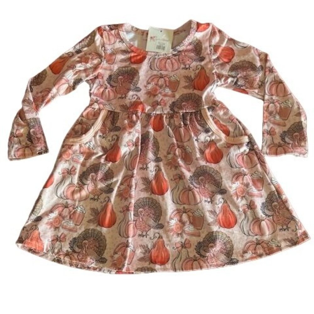 Clover‎ Cottage Girls Turkey Fall Dress Long Sleeve festive dress pumpkin print